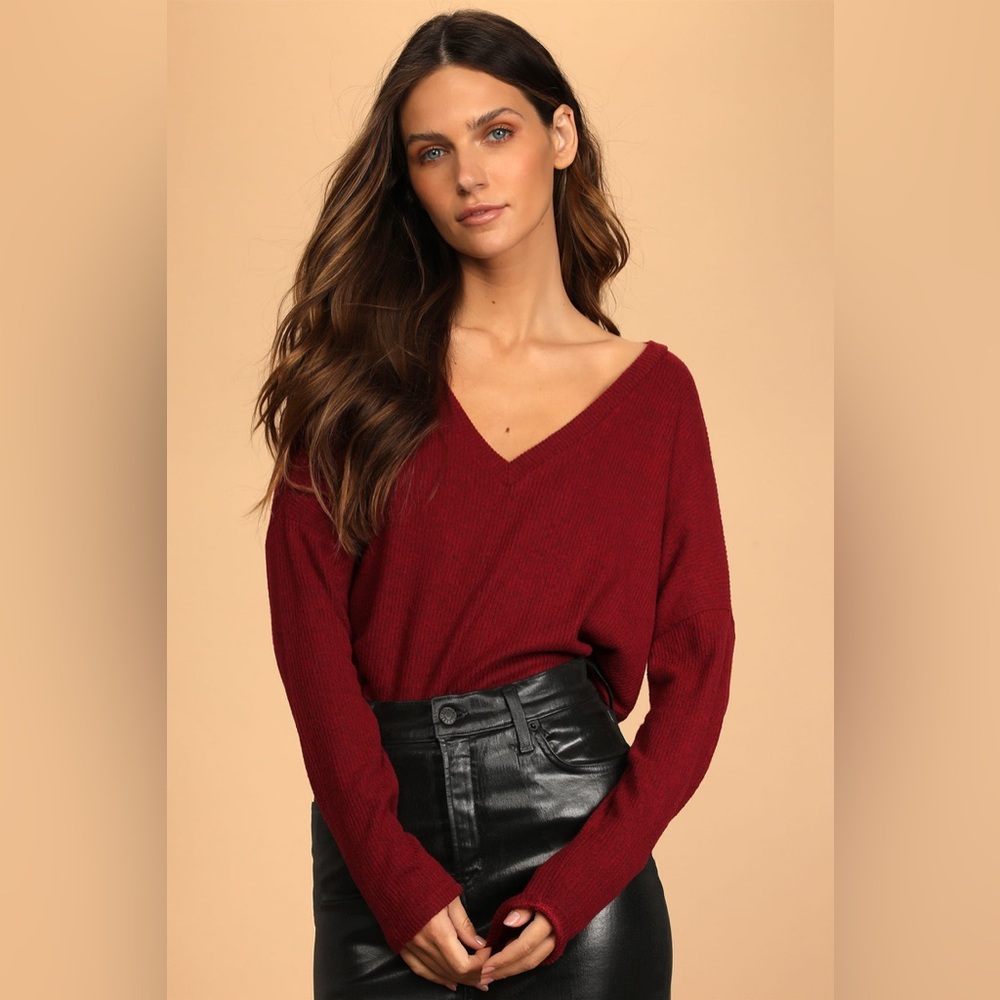 Lulus Just Vibing Wine Red Ribbed V-Neck Sweater Top